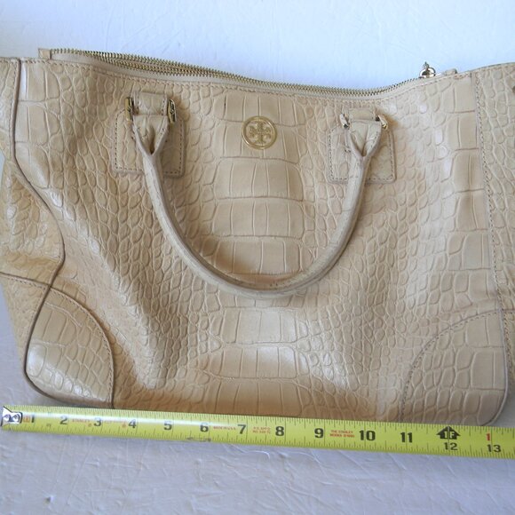 TORY BURCH BEIGE CROC EMBOSSED LEATHER SATCHEL TOTE TRIPLE COMPARTMENT - Picture 2 of 10